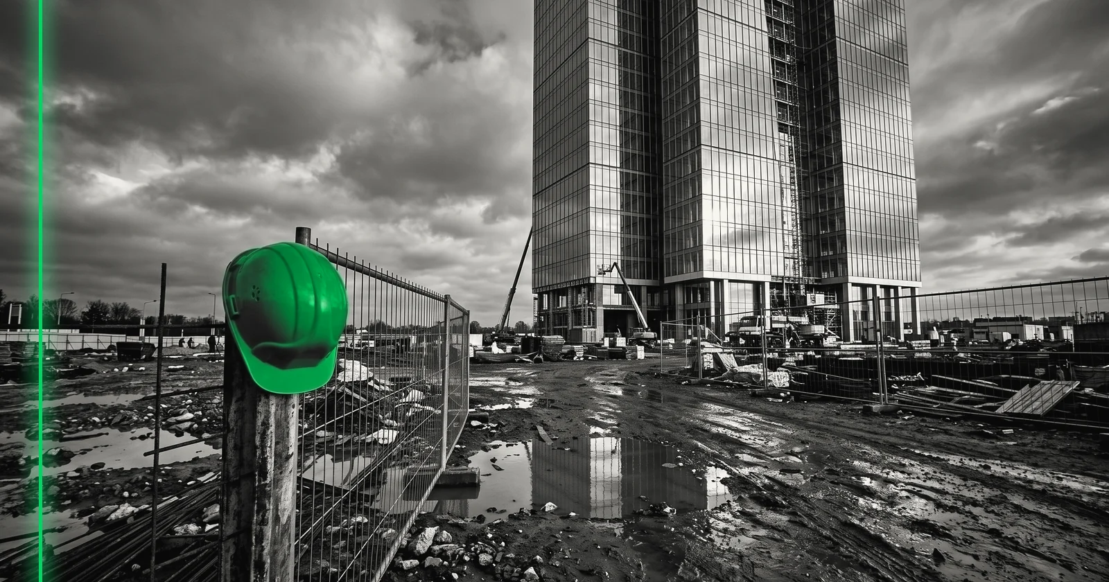 Une tour de bureaux vue depuis le chantier boueux à son pied, des flaques reflètent le ciel.
