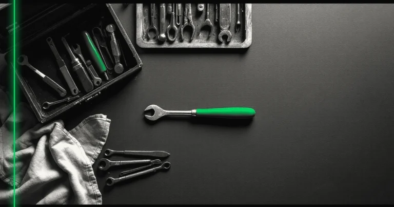 Un établi avec une caisse à outils ouverte, un seul outil sorti et posé en premier sur un tissu.