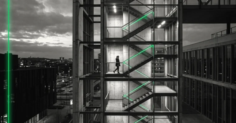 Une silhouette gravit une cage d'escalier entièrement vitrée, dont toute la structure est visible au crépuscule.